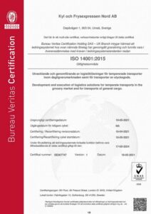 Kyl- och Frysexpressen Nords ISO-certifiering 14001:2015.